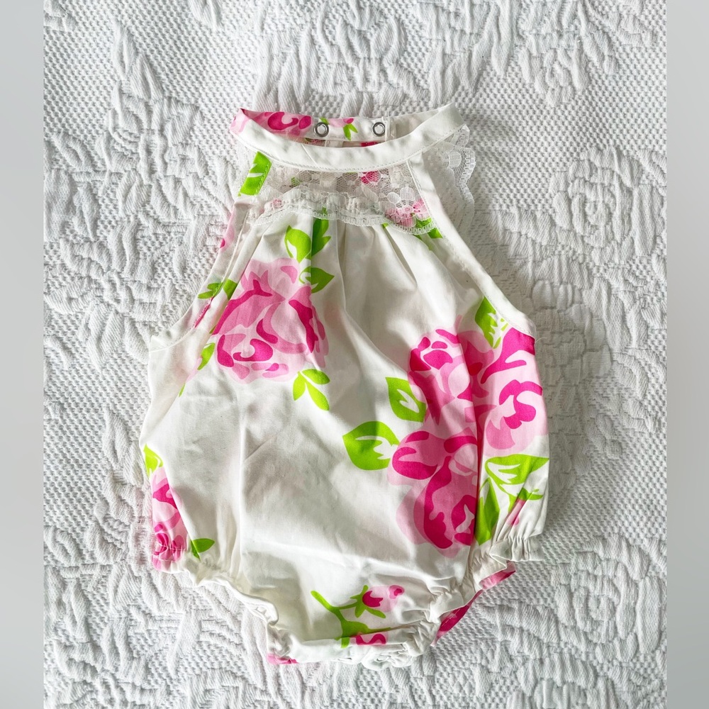 Baby Starters Ivory Floral Bubble Romper Onesie Size 3 Months Pink Green White